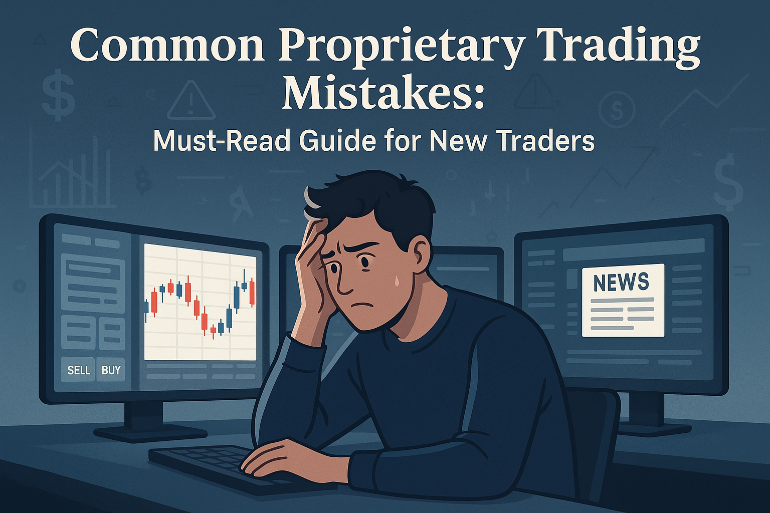 A stressed beginner trader looking at multiple charts and data on a computer screen, symbolizing confusion and emotional pressure in early trading stages.
