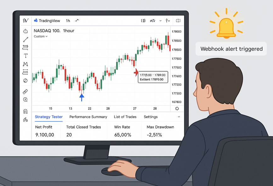 A visual explainer of TradingView’s Strategy Tester with real backtest data, trade signals, and automated webhook alert setup.