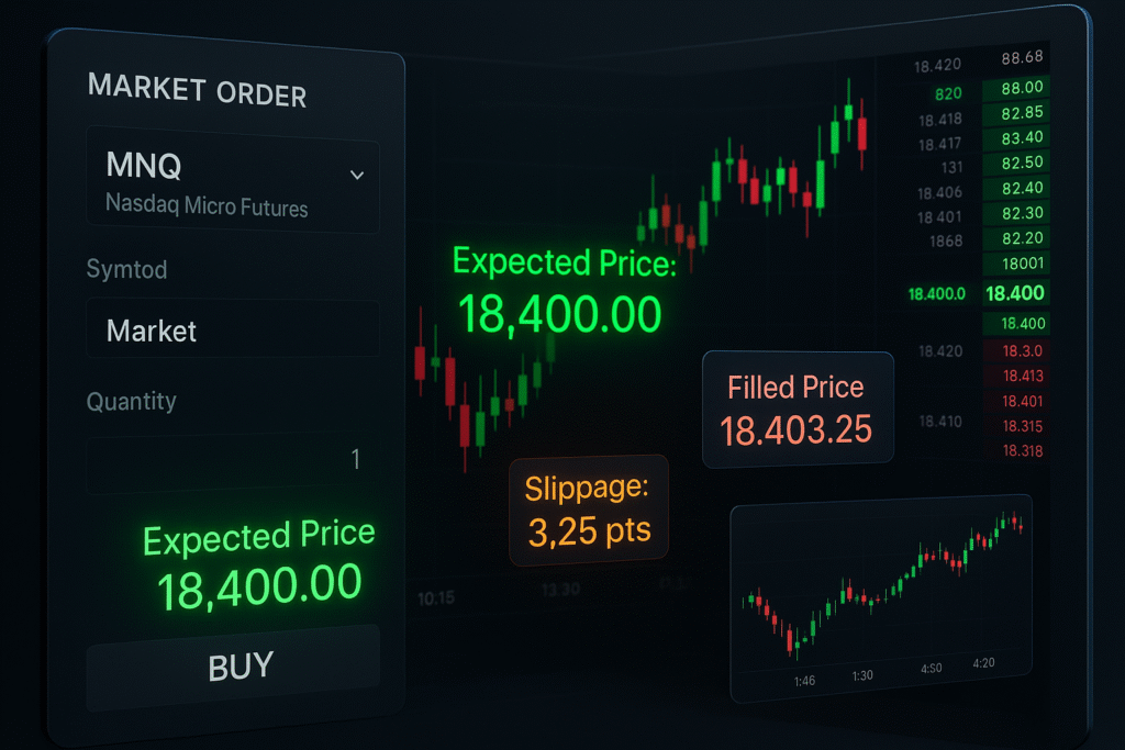 Illustration of slippage in futures trading showing a market order on MNQ with expected entry at 18,400.00 and actual fill at 18,403.25 during high volatility.