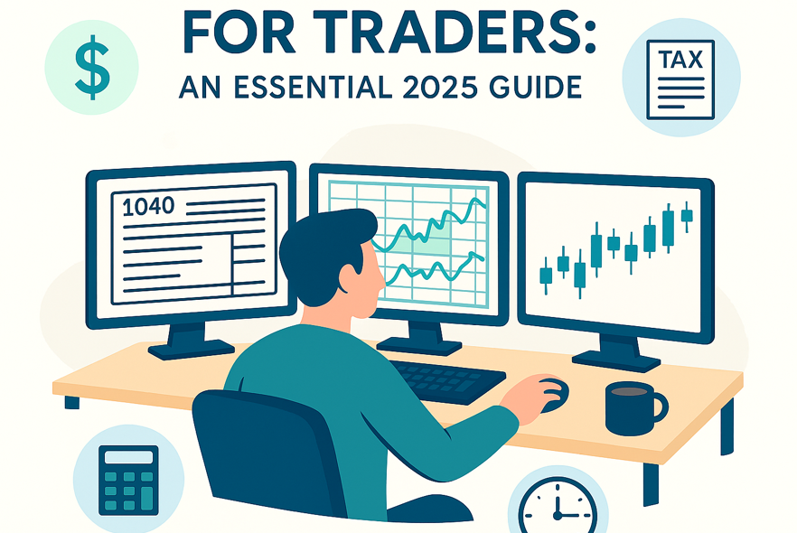 US trader filing 2025 taxes with trading screens and IRS Form 1040 – tax tips for active traders