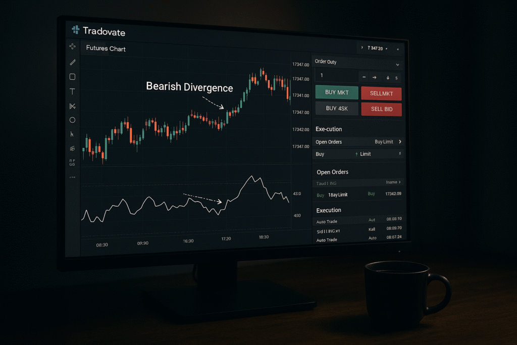 Tradovate chart showing higher highs and RSI indicating divergence