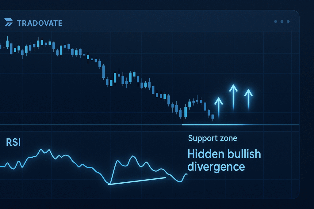 Hidden bullish divergence on Tradovate chart using RSI and support level