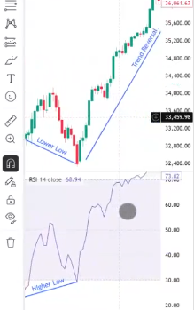 Tradovate candlestick chart with marked support zone and RSI divergence, and visible trend reversal