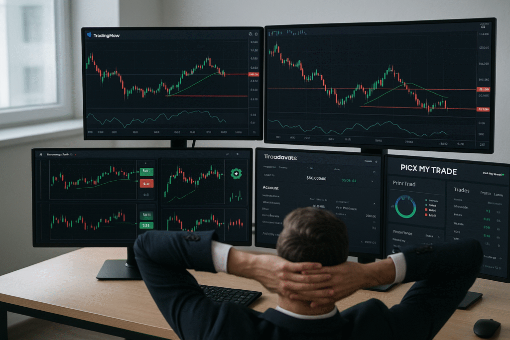 Automated trading setup showing Pick My Trade and Tradovate dashboards helping a trader reduce overtrading.