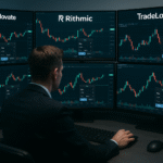 Trader using a Tradovate trade copier to execute trades across multiple accounts and brokers with a single click.