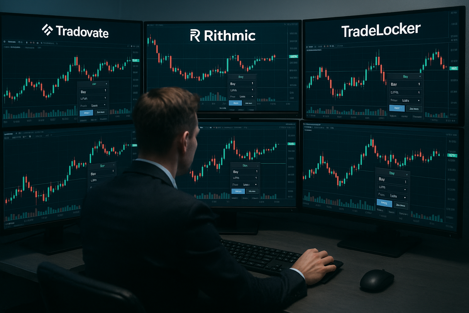 Trader using a Tradovate trade copier to execute trades across multiple accounts and brokers with a single click.