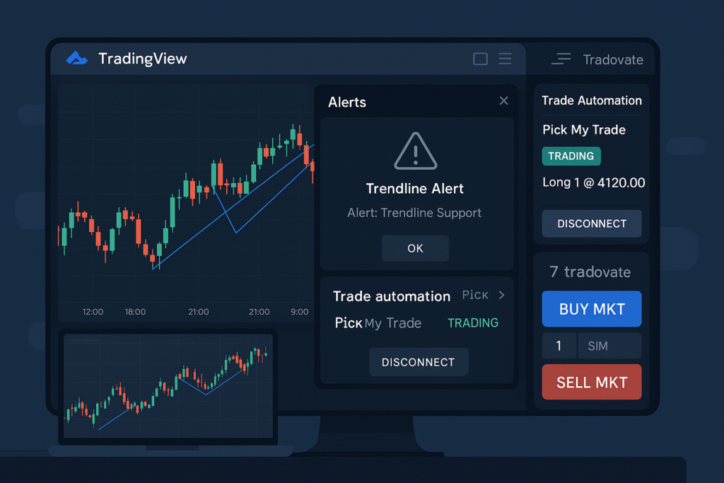 TradingView chart with auto trendlines triggering trade automation on Tradovate for fast, efficient breakout trades.
