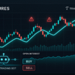 Trading dashboard with futures price and open interest data triggering an automated bot executing trades on Tradovate.