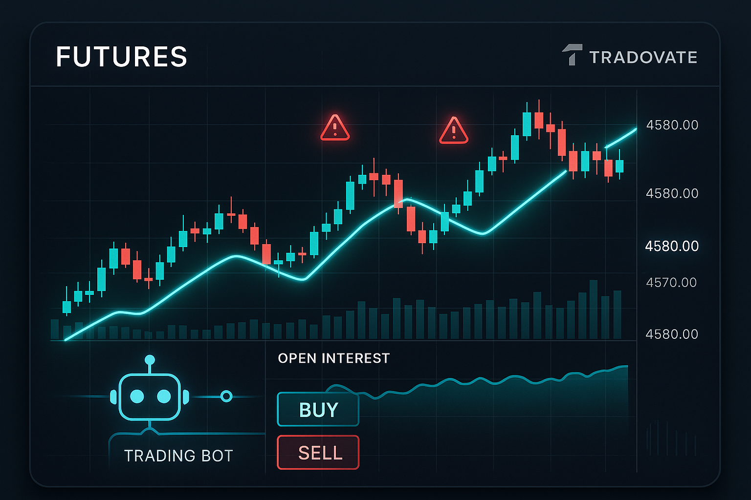 Trading dashboard with futures price and open interest data triggering an automated bot executing trades on Tradovate.