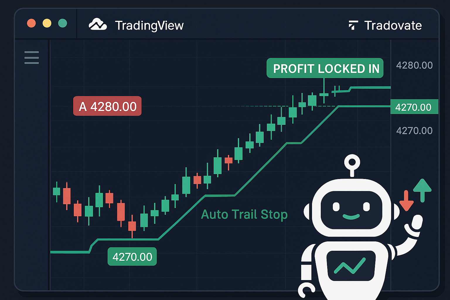Trading dashboard with auto trail stop-loss adjusting in real-time using a Tradovate automated bot integrated with TradingView.