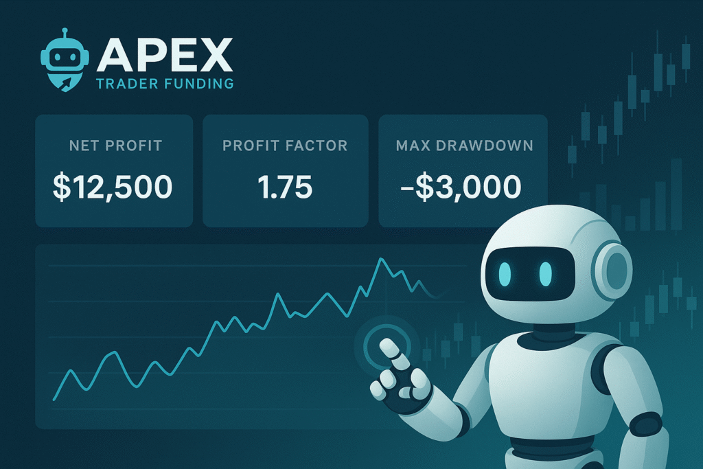 Apex Trader Funding automation dashboard showing profit and drawdown metrics.