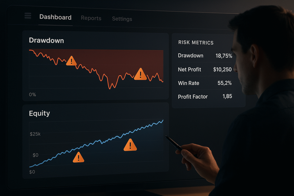 A TradingView equity curve graph showing upward and downward swings in account value in maven automation