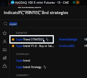 TradingView chart displaying the Supertrend strategy with buy and sell signals, used for future prop firms automation.