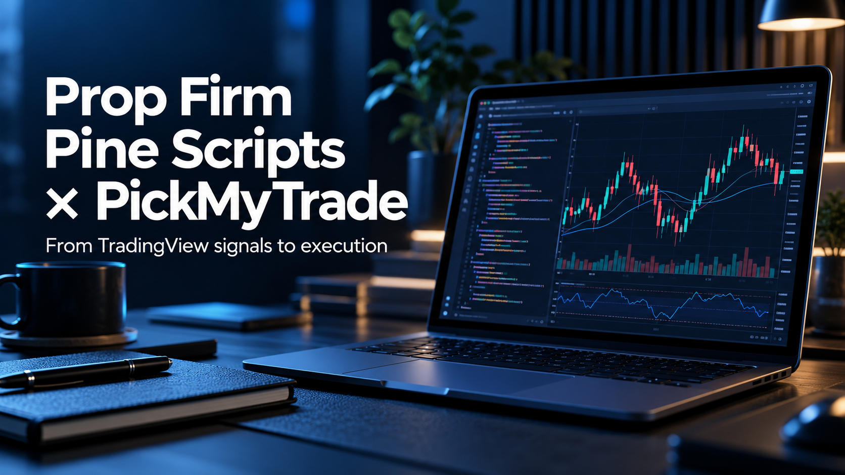 Prop Firm Pine Scripts and PickMyTrade blog illustration showing a laptop with code and a trading chart